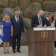 President Donald Trump, at podium, visiting the Yad Vashem World Holocaust Remembrance Center, accompanied by Israeli Prime Minister Benjamin Netanyahu (third from left), on May 23, 2017, in Jerusalem (Amos Ben Gershom/GPO via Getty Images)